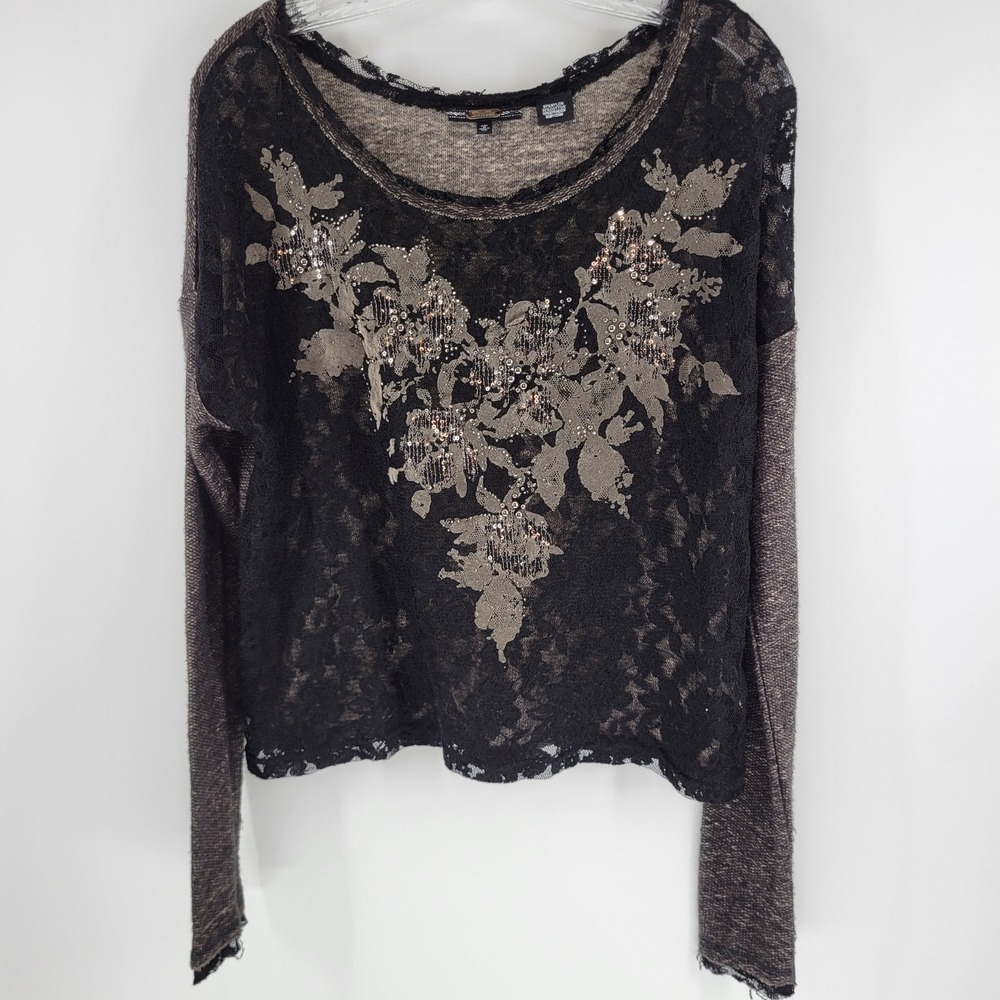 Miss Me Womens Sequin Floral Lace Front Marled Knit Long Sleeve Top Black Grey S